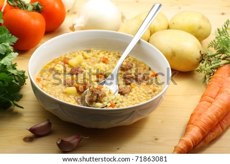 Pasta whit potato soup and meatballs