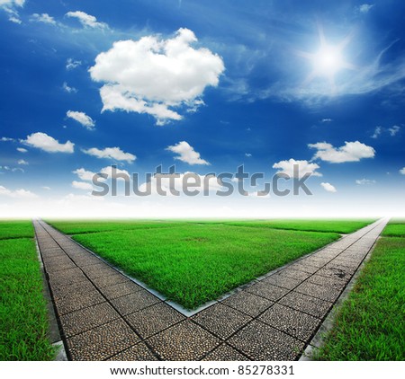 intersection way green grass cloudy blue sky to destination and green way to the future