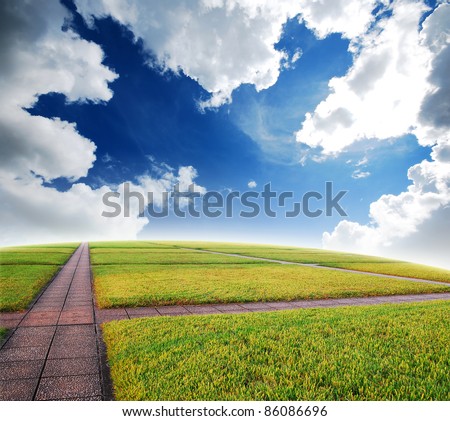 Alone way green grass cloudy blue sky to destination and green way to the future