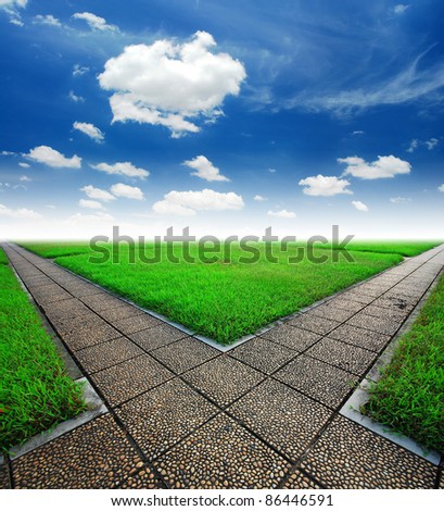 intersection way green grass cloudy blue sky to destination and green way to the future
