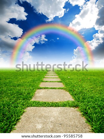 Rice field way on the green field background cloud cloudy rainbow