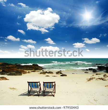 sea sand sun beach together blue sky chair alone background design stone clear