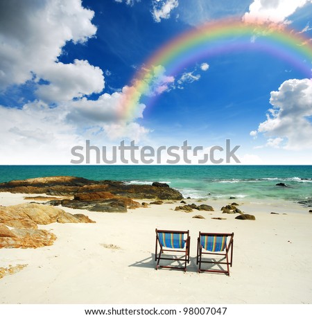 sea sand sun beach together blue sky chair alone background design stone clear rainbow