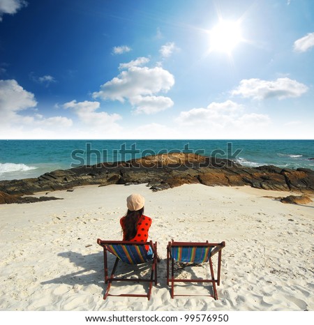 Alone woman on the beach wait for something hope for the future and lonely girl background design blue sky sea sand sun