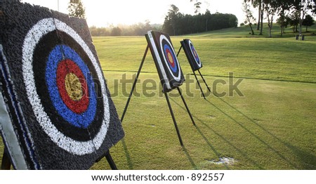Target boards at an archery range. Can be use as a metaphors in sales/ marketing about reaching sales target, etc.