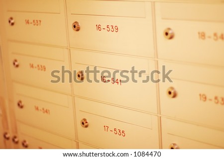 Safety Boxes/ Mail boxes. Concept for security, banking services, safety deposit boxes, post office boxes, PO boxes, etc. Intentional use of shallow depth of field for selective focus.