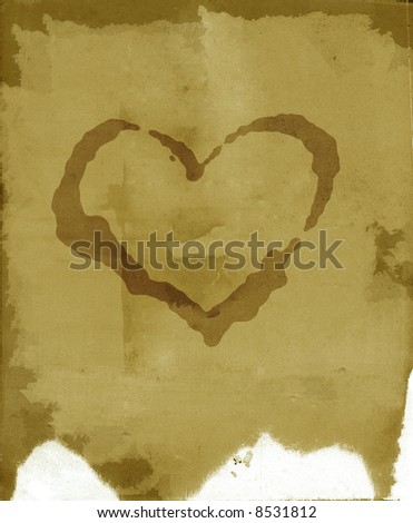 Grunge stained, textured Love letter background. Suitable for use as a photo background or grunge texture. Ink blots and paper texture are visible.