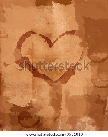 Grunge stained, textured Love letter background. Suitable for use as a photo background or grunge texture. Ink blots and paper texture are visible.