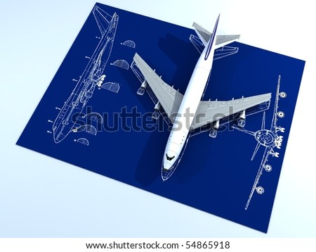 Plane Blueprint on Photo Image Of Isolated Passenger Airplane And Engineering Blueprint