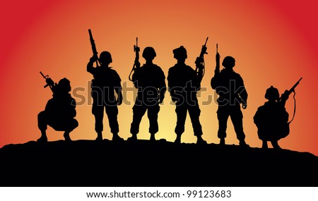 Soldiers silhouettes against a sunset vector image Soldiers silhouettes against a sunset vector image