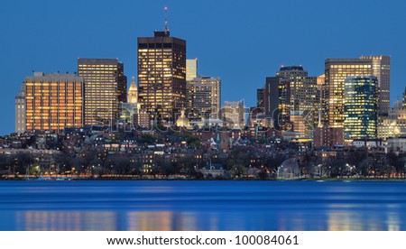 The cityscape of Back Bay Boston, Massachusetts, USA from across the Charles River.