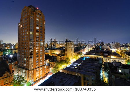 skyline of residential buildings in the Upper West Side of Manhattan at night