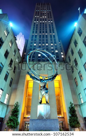 NEW YORK CITY - MAY 12: Atlas statue at Rockefeller Center May 12, 2012 in New York, NY. The statue was built by Lee Lawrie in 1937 and is the largest statue at the Rockefeller complex.