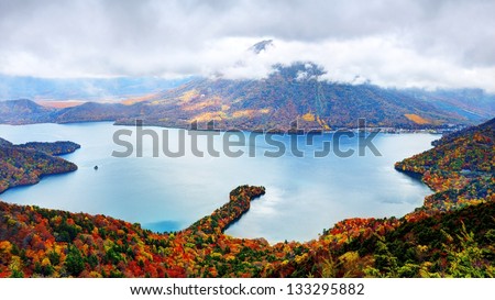 Landscape of Mt. Nantai and Lake Chuzenji in Nikko, Japan.