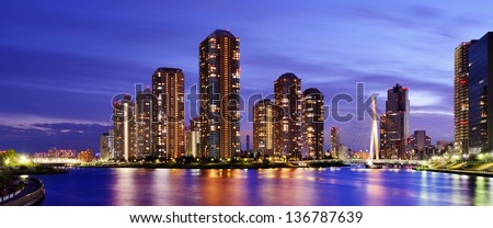 High rise residential apartments on Tsukishima Island in Tokyo, japan.