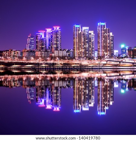 Luxury high rise apartment buildings in Gangnam District, Seoul, South Korea with reflections.