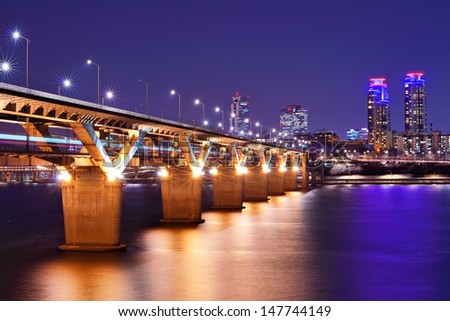 Han River And Bridge In Seoul, South Korea.