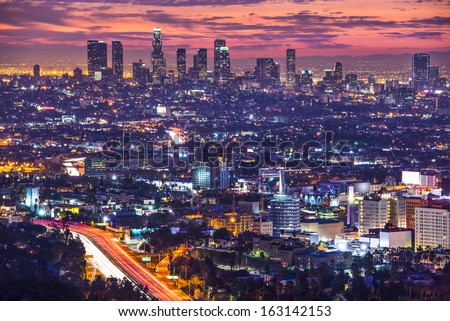 Downtown Los Angeles, California, USA skyline at dawn.