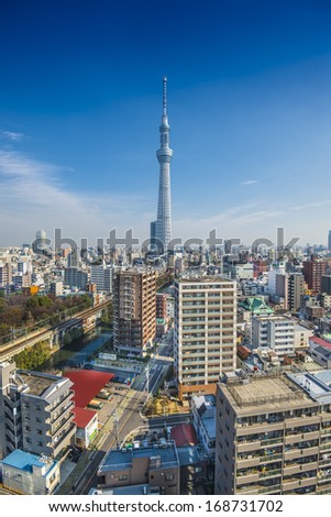 TOKYO, JAPAN - FEBRUARY 21, 2013: Tokyo, Japan skyline with Tokyo Skytree. The Skytree is the world\'s second tallest structure at a height of 634.0 meters.