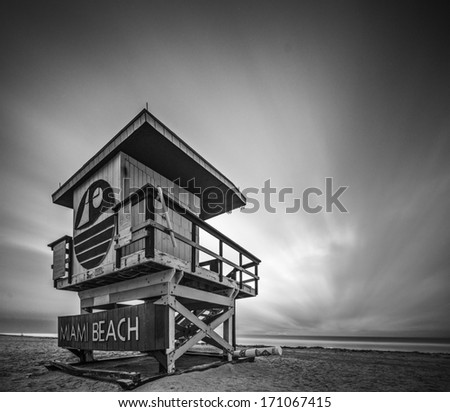 MIAMI, FLORIDA - JANUARY 9, 2013: A lifeguard tower on Miami Beach. Each tower on the beach exhibits a unique architecture.