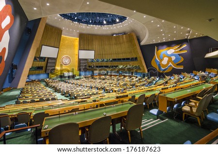 NEW YORK CITY, USA - MAY 21, 2012: The United Nations General Assembly Hall. It is the only organ of the U.N. in which all member nations have equal representation.