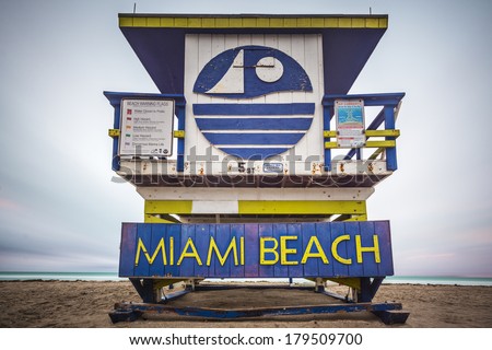 MIAMI, FLORIDA - JANUARY 9, 2014: One of the Miami Beach Life guard towers. There are 25 uniquely designed life guard towers on the beach.