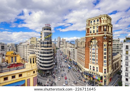 MADRID SPAIN OCTOBER 15 2014 Gran Via at the Iconic Schweppes sign The street is the main shopping district of Madrid MADRID SPAIN OCTOBER 15 2014 Gran Via at the Iconic Schweppes sign The street is the main shopping district of Madrid