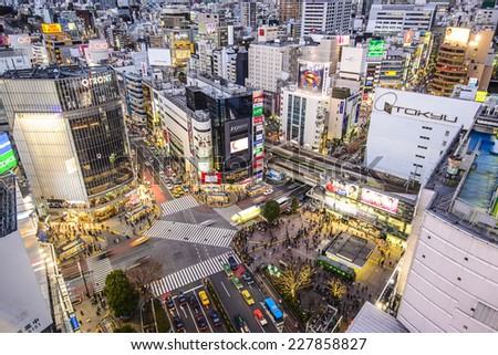TOKYO - JANUARY 10, 2013: Cityscape view over the Shibuya crosswalk. Shibuya is a famed fashion center and nightlife area.