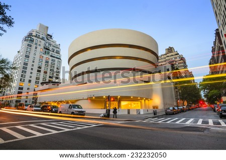 New York City, USA - May 12, 2012: The Guggenheim Museum on 5th Ave. Established in 1937, the current museum building dates from 1959 and was designed by famed architect Frank Lloyd Wright.