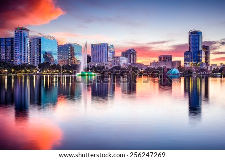 Orlando, Florida, USA skyline at Eola Lake.