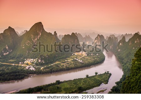 Xingping, China at the Li River and karst mountains landscape.
