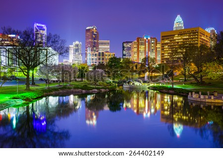 Charlotte, North Carolina, USA uptown skyline at Marshall Park.