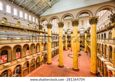 WASHINGTON - APRIL 8, 2015: The Great Hall of the National Building Museum. Completed in 1887, the building onced housed the former Pension Bureau and is now a museum of architecture and design.