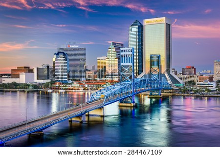 JACKSONVILLE, FLORIDA - FEBRUARY 5, 2015: Downtown Jacksonville skyline viewed over St. Johns River. The city is the largest in the state by population.