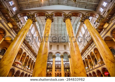 WASHINGTON - APRIL 8, 2015: The Great Hall of the National Building Museum. Completed in 1887, the building onced housed the former Pension Bureau and is now a museum of architecture and design.