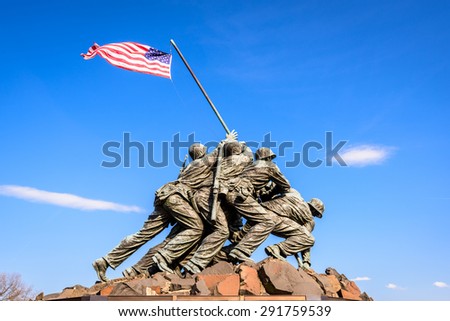 WASHINGTON, DC - APRIL 5, 2015: Marine Corps War Memorial. The memorial features the statues of servicemen who raised the second U.S. flag on Iwo Jima during World War II.