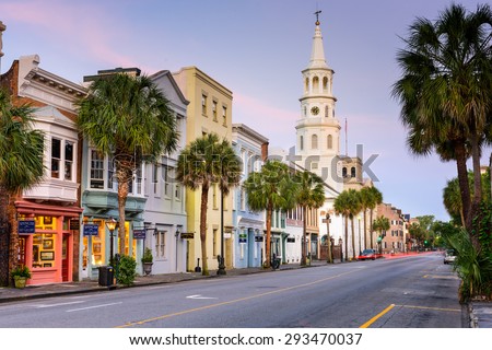 CHARLESTON, SOUTH CAROLINA - MAY 19, 2015: Shops line Broad street in the French Quarter. The French Quarter is within the original walled city of Charleston.