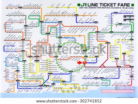 TOKYO, JAPAN - JULY 29, 2015: Train map of the Japan Railways lines around Tokyo. JR lines are considered the heart of Japan\'s extensive rail network.