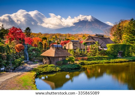 Oshino, Japan historic thatch roof farmhouses with Mt. Fuji.