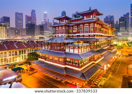 SINGAPORE - SEPEMBER 9, 2015: Buddha Tooth Relic Temple at twilight. The temple is based on Tang dynasty architecture and built to house the tooth relic of Buddha.