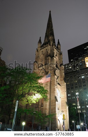 Trinity Church at night in New York City.