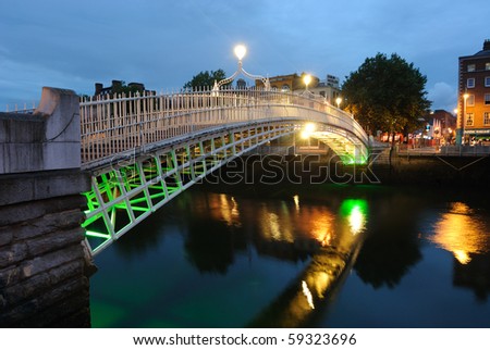 The Ha\'Penny Bridge over the River Liffey in Dublin, Ireland.