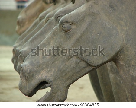 Ancient 2,000 year old terra cotta horse sculptures on display in Xian, China.
