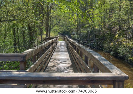 A wooden walkway along a creek out in the woods