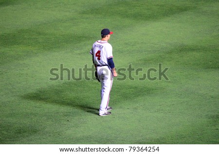ATLANTA, GEORGIA - JUNE 16: Joe Mather of the Atlanta Braves positioned in Left Field June 16, 2011 in Atlanta, Georgia.