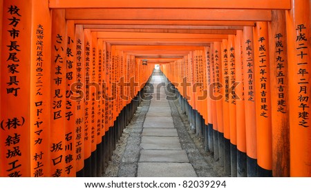 The Tori gates at Fushimi Inari Shrine in Kyoto, Japan.