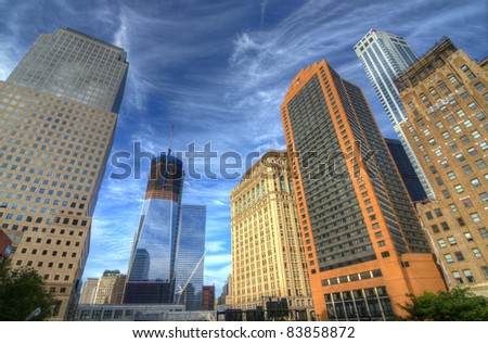 View of downtown Manhattan skyscrapers including the ongoing construction on the new World Trade Center Building in New York City.