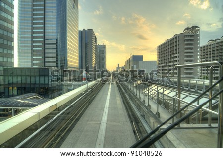 Tokyo Waterfront New Transit Waterfront Line, also known as New Transit Yurikamome which connects Shimbashi to Toyosu in Tokyo, Japan.