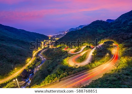 Jiufen, Taiwan hillside roads at twilight.
