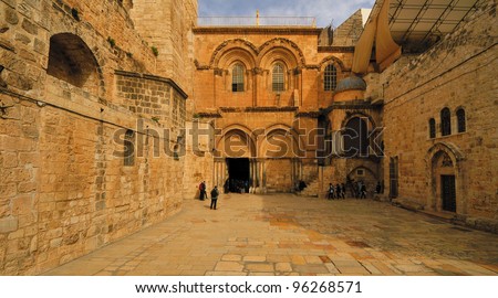 Church of the Holy Sepulchre in Jerusalem, Israel. The site is where Jesus was crucified, and is said to contain the place where Jesus was buried.